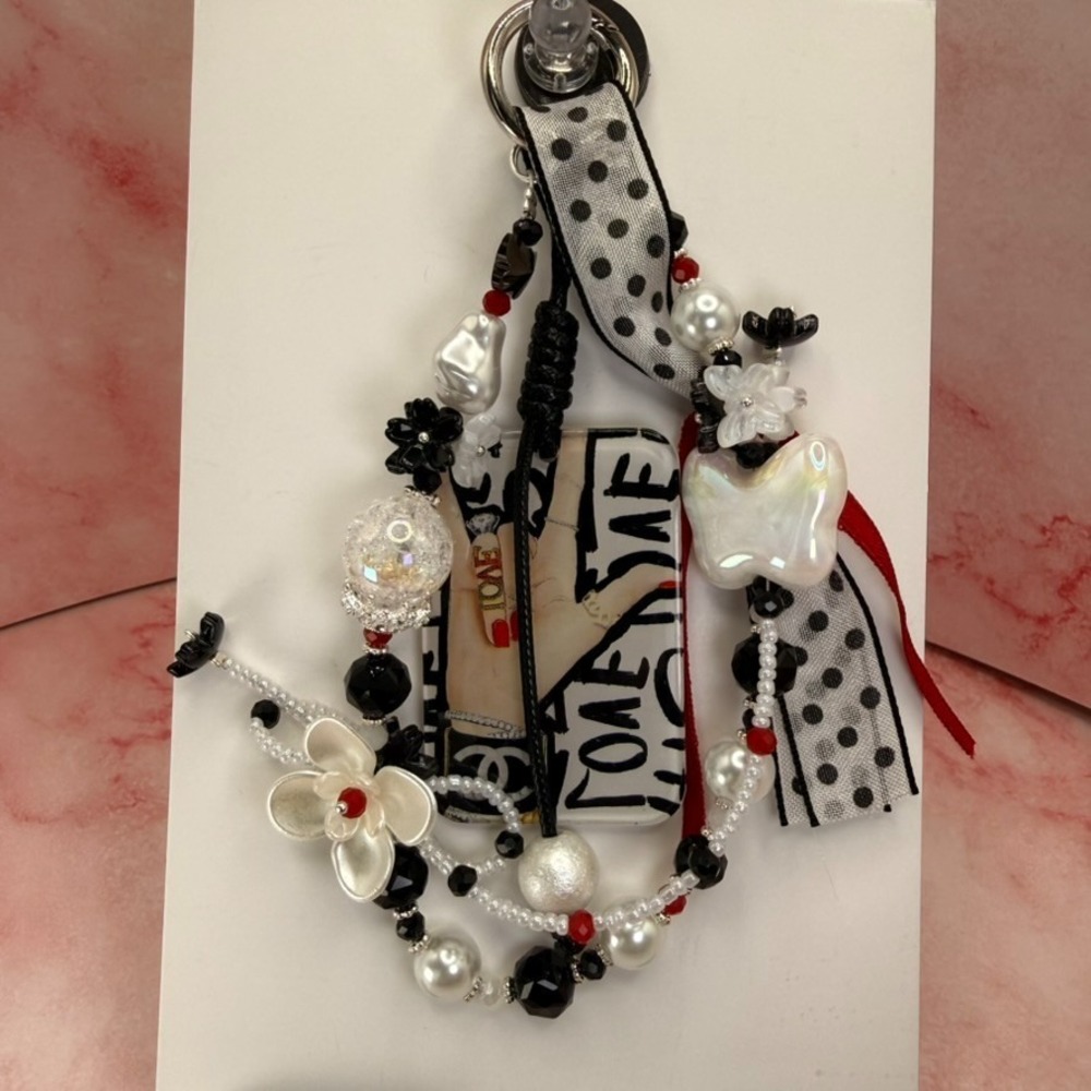 Love Hand Sign Phone Wristlet Black White Red Glass Bead Pearl Keychain Handmade